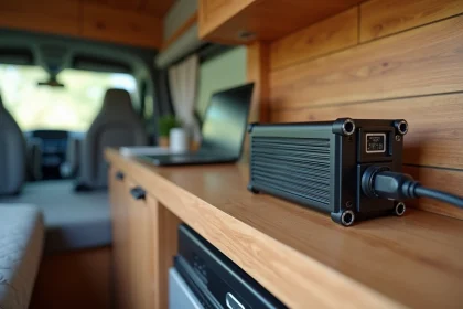 Convertisseur 12V 220V installé dans un van aménagé avec câblage soigné et prise européenne