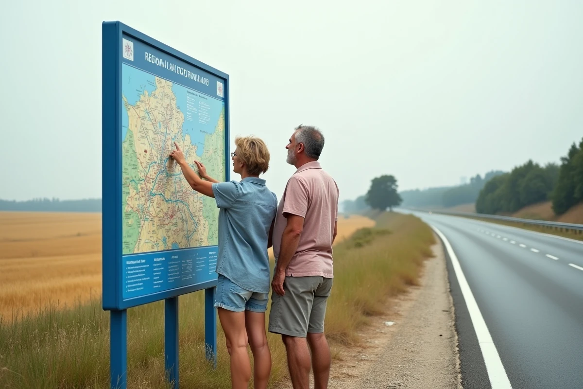 Couple de touristes consultant un panneau d'information avec une carte détaillée du réseau autoroutier français en bord de route