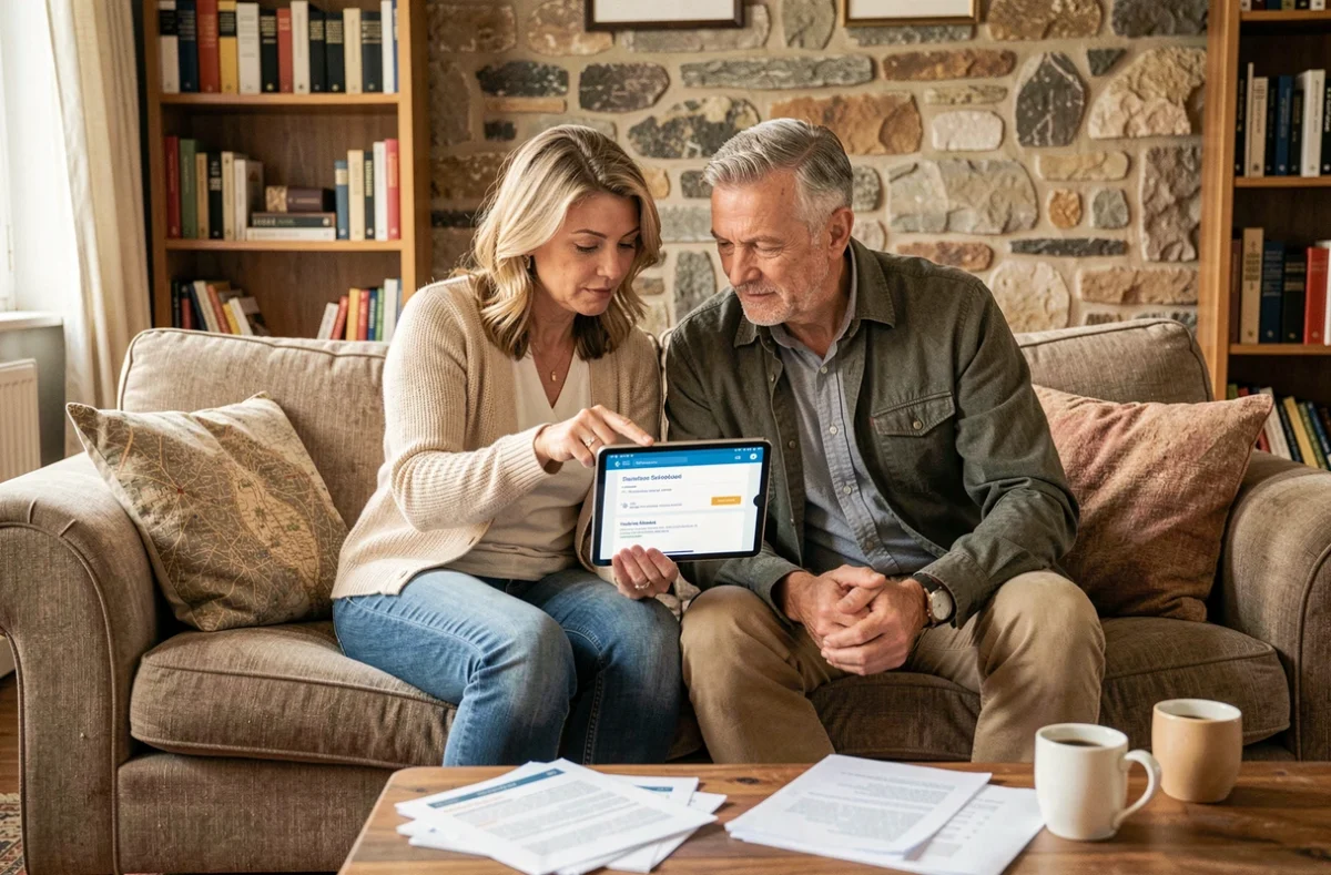 Couple comparant des offres d'assurance auto sur tablette dans leur salon