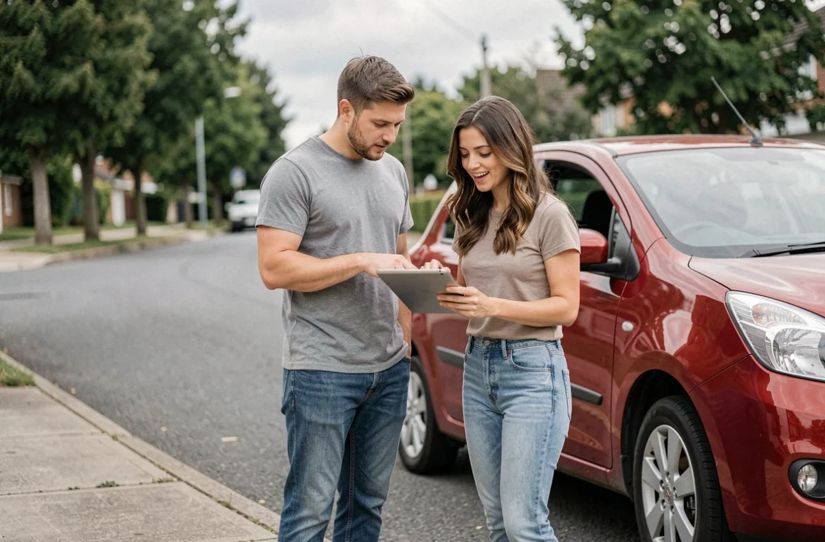 Couple consultant un devis d'assurance voiture économique sur tablette devant leur véhicule