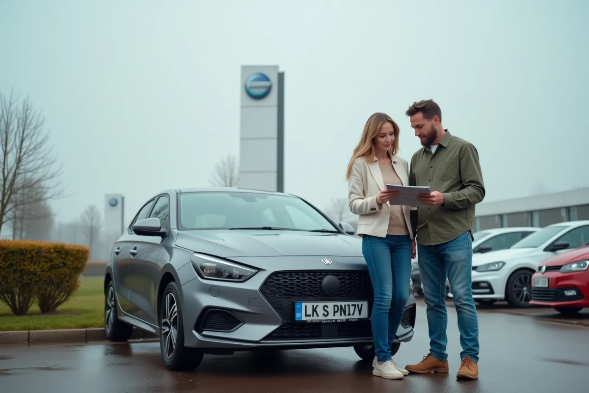 Couple comparant les options de financement leasing et crédit classique devant une voiture en concession
