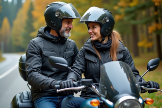 Couple en moto de tourisme en pleine nature