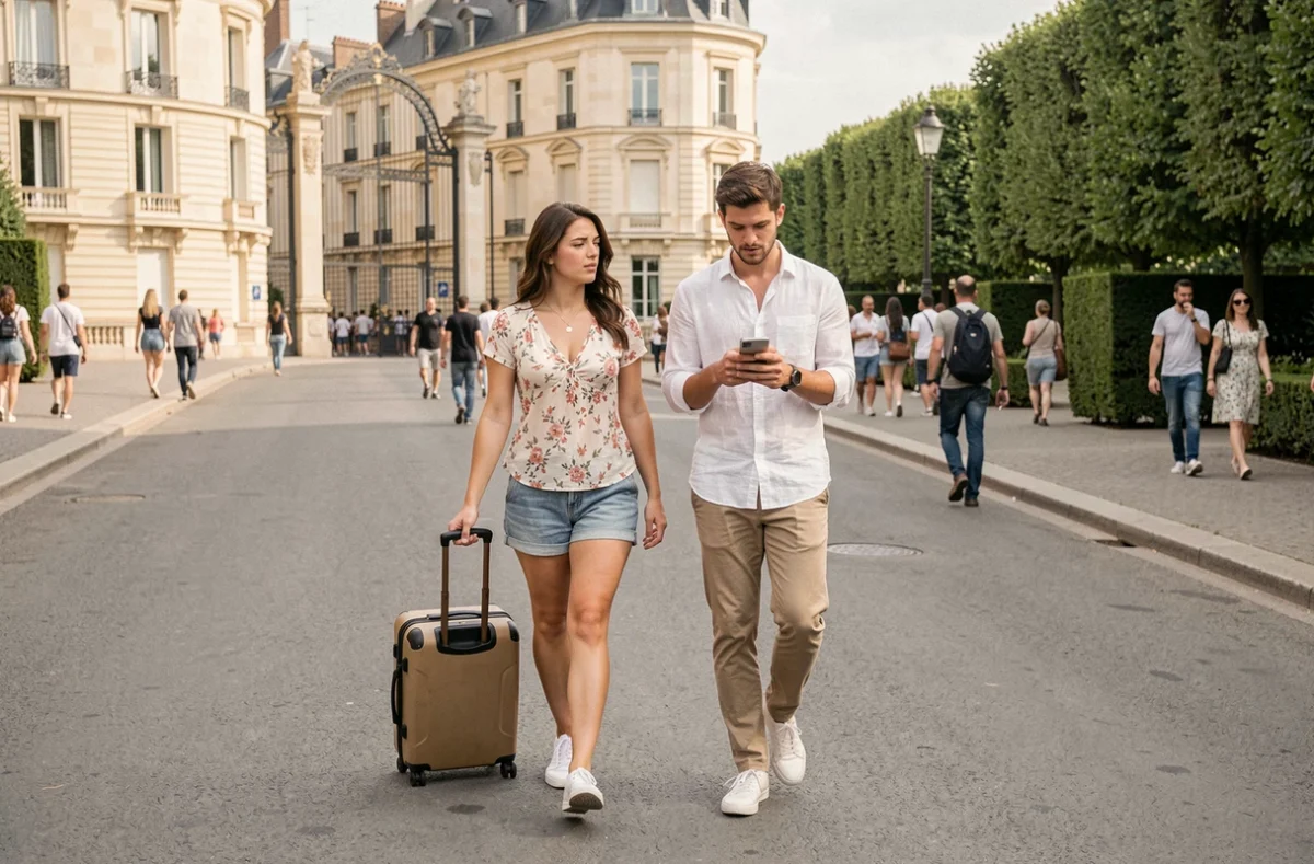 Couple de touristes cherchant un parking gratuit à Versailles un jour de forte affluence près du château