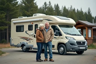 Couple souriant inspectant un camping-car d'occasion en extérieur