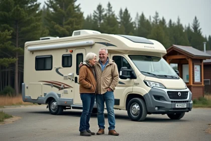 Couple souriant inspectant un camping-car d'occasion en extérieur