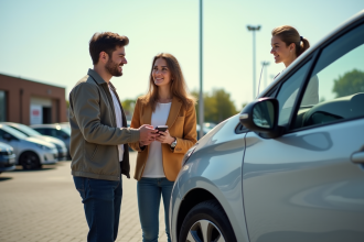 Jeune couple examinant une Peugeot 208 d'occasion en concession