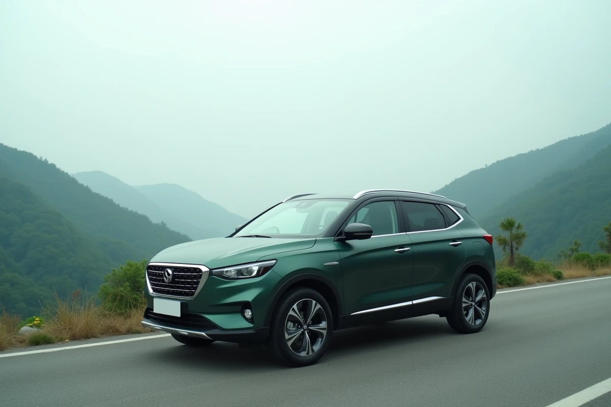 Crossover asiatique garé en vue plongeante sur une route de montagne avec panorama forestier