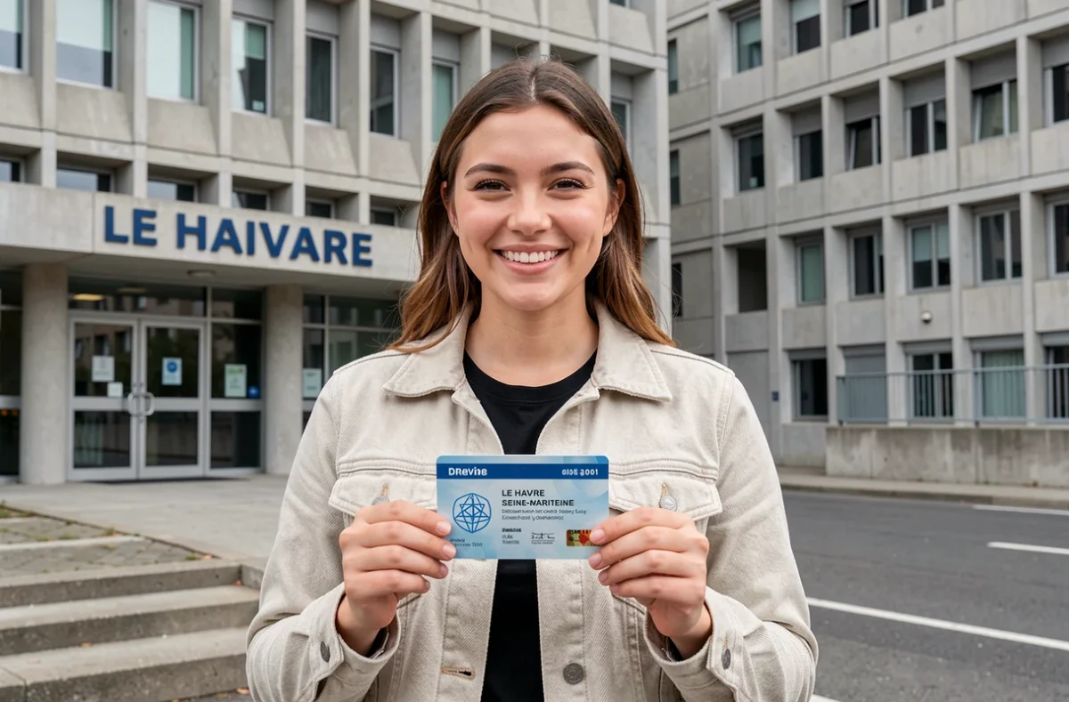 Une jeune femme souriante tenant son permis de conduire devant l'architecture moderniste du Havre, auto-école Daytona en Seine-Maritime
