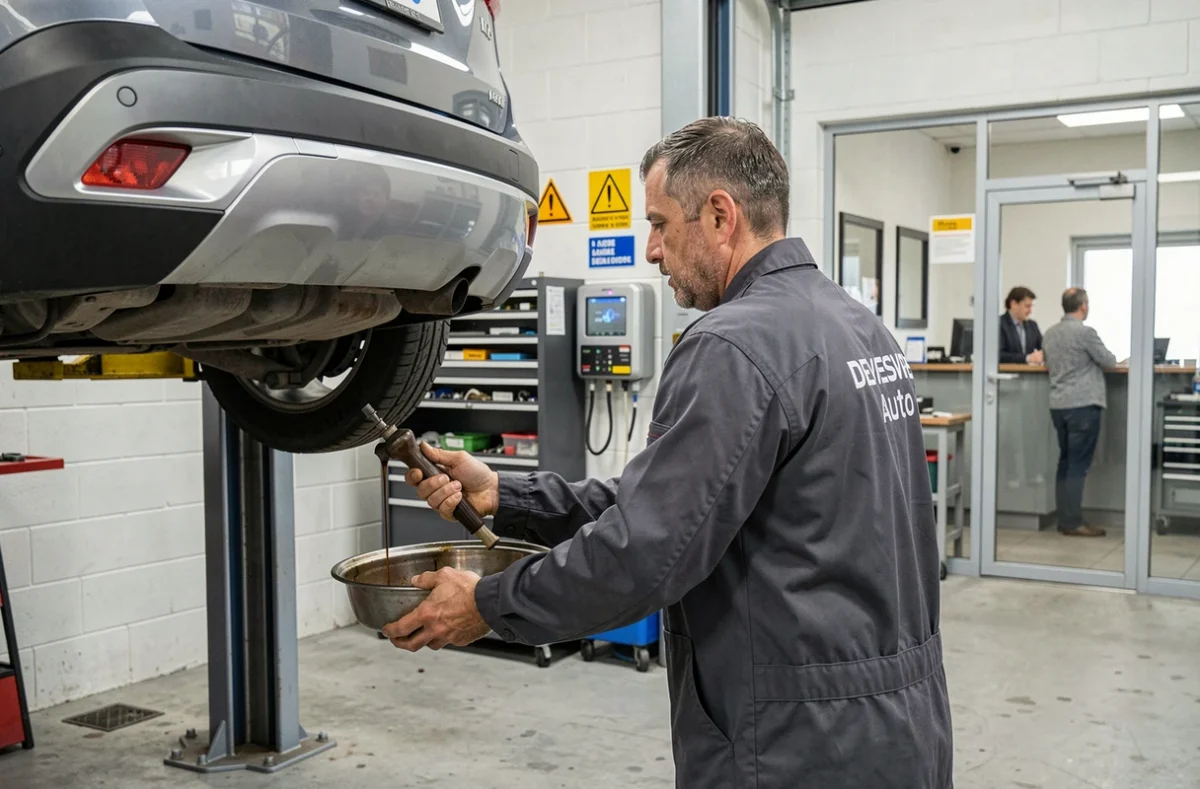 Mécanicien de Devesvre Auto réalisant une vidange d'huile sur un SUV en réparation dans la Loire