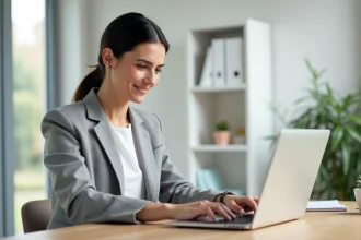 Femme obtenant un devis d'assurance auto en ligne sur son ordinateur portable depuis son bureau à domicile