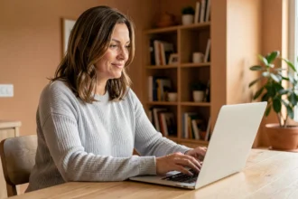 Femme obtenant un devis d'assurance voiture pas cher en ligne depuis son domicile