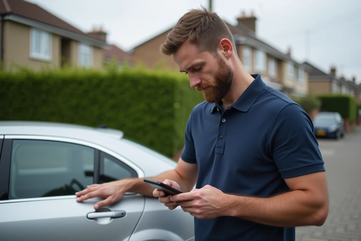 Homme consultant une application de devis assurance auto sur smartphone à côté de son véhicule dans une allée résidentielle