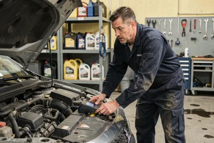 Technicien automobile diagnostiquant le code erreur DTC P1351 sur une Peugeot avec un scanner OBD2 dans un atelier professionnel