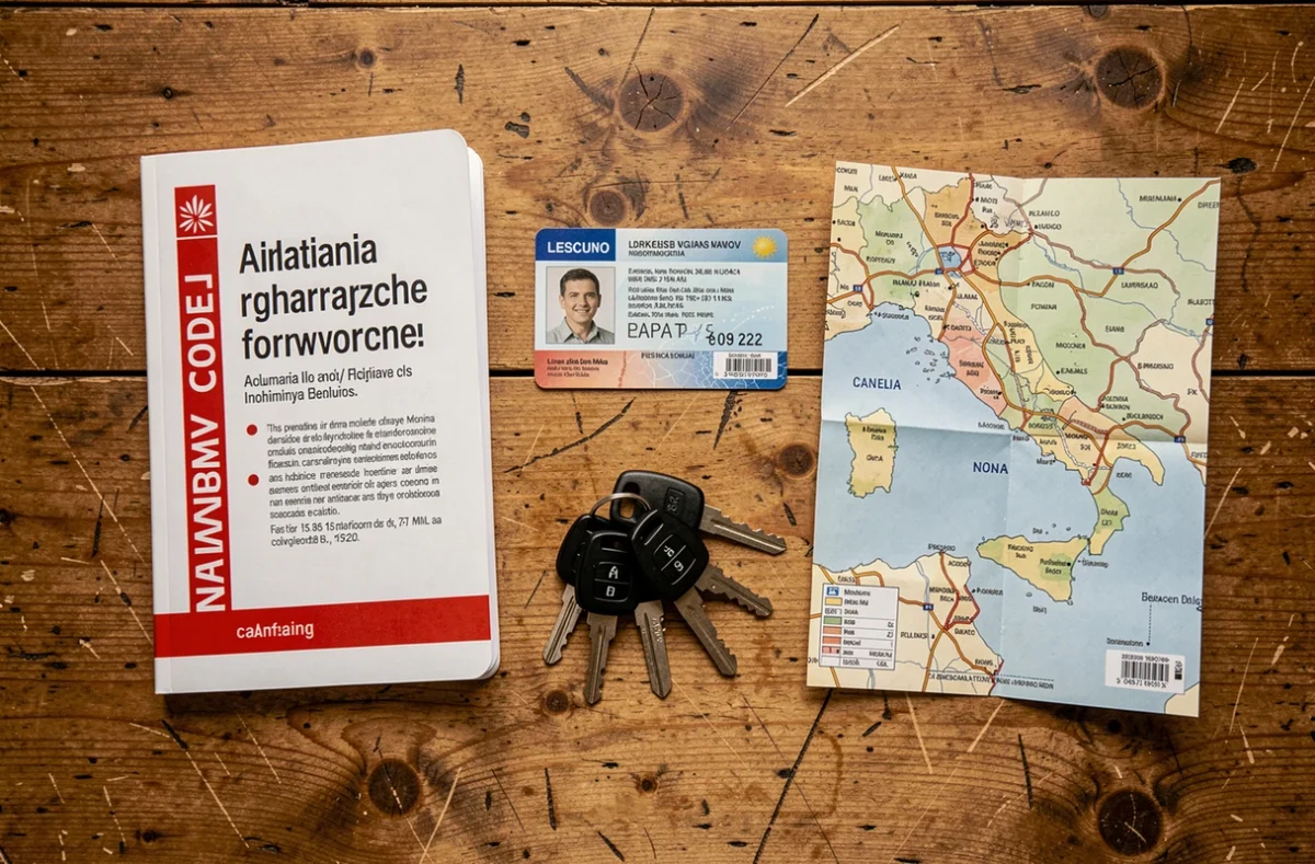Permis de conduire européen, clés de voiture et code de la route italiens sur une table en bois