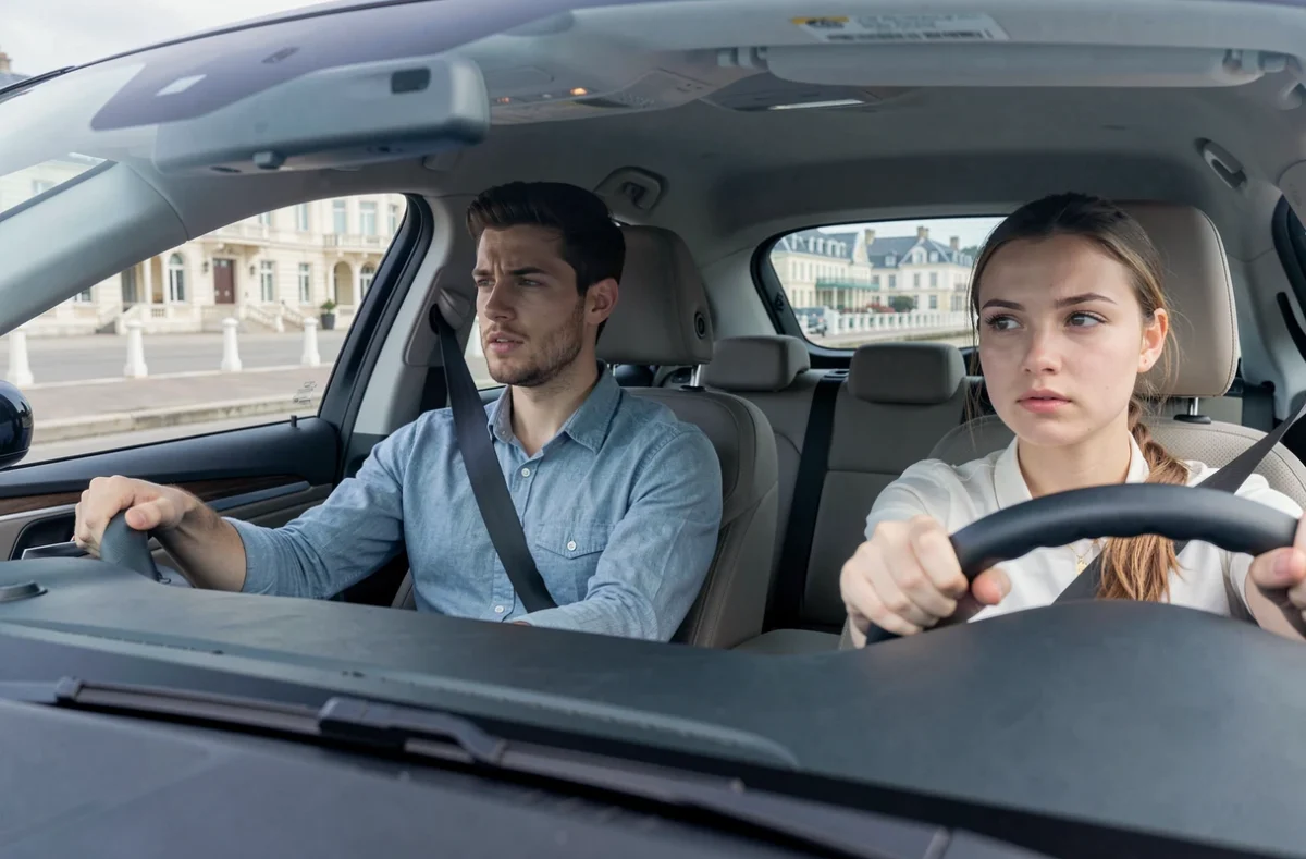 Un instructeur et une élève conductrice dans une voiture à double commande avec l'architecture balnéaire de Deauville visible en arrière-plan, Driving School Deauville