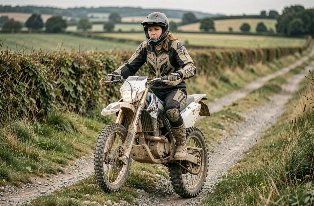 Une jeune femme en tenue de motocross sur une moto enduro dans la campagne du Calvados près d'Esson, auto-école Duke Enduro