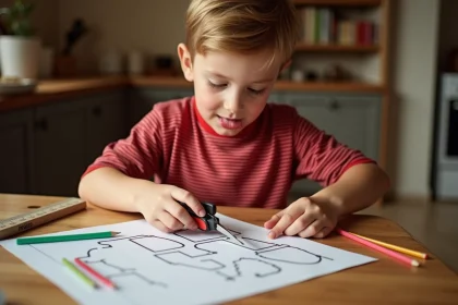 Enfant découpant un dessin de voiture imprimé en papier sur une table en bois, activité manuelle créative pour enfants
