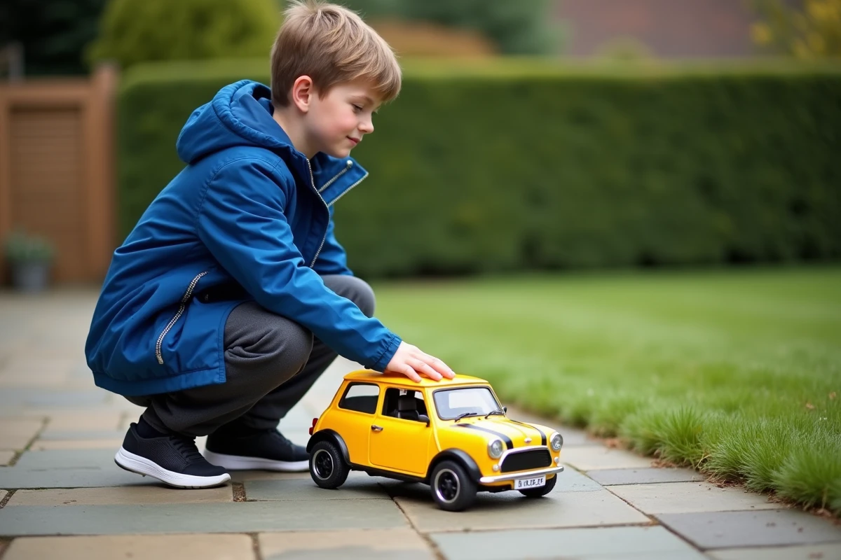 Adolescent pilotant une voiture radiocommandée Mini inspirée de Mister Bean dans un jardin pavé en extérieur