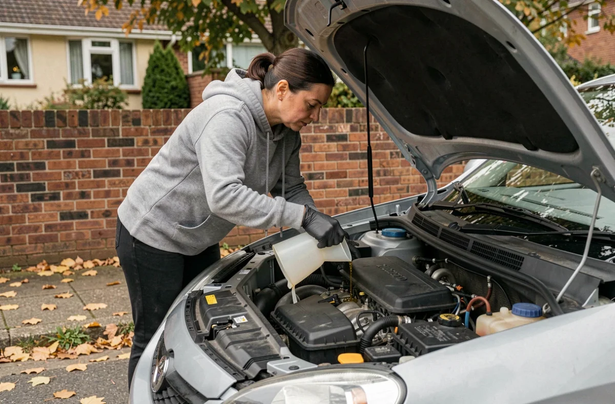 Femme effectuant une vidange d'huile sur un moteur TCe dans une allée résidentielle en automne