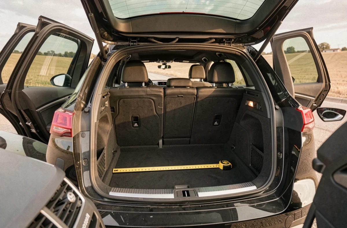 Intérieur de l'Audi A3 Sportback portes ouvertes montrant l'espace habitable et le volume du coffre avec un mètre ruban