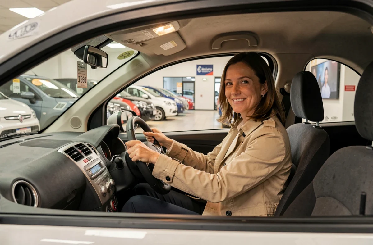 Femme essayant une voiture sans permis d'occasion dans un concessionnaire au Havre