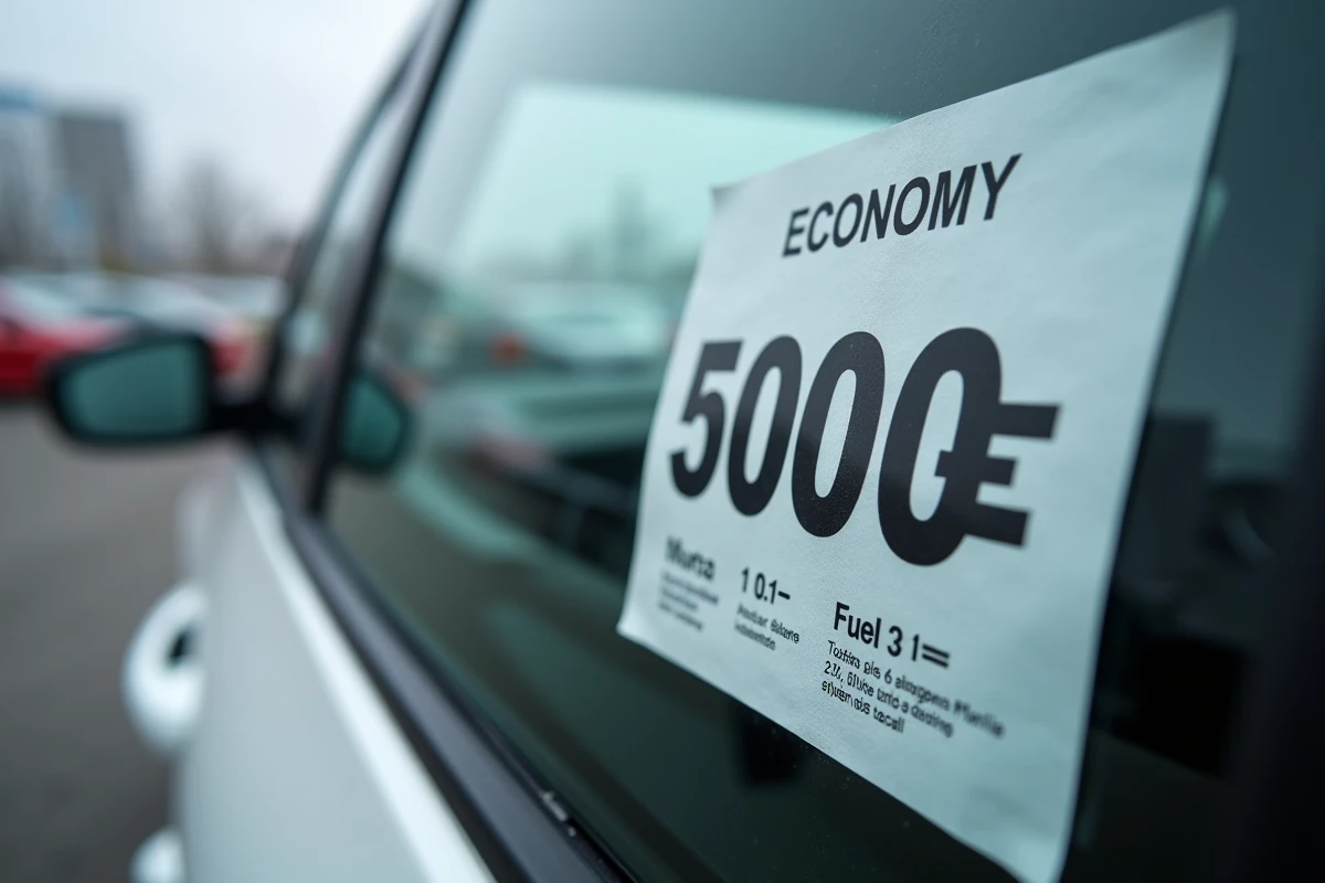 Gros plan sur une étiquette de prix d'une voiture neuve à 5000 euros collée sur la vitre d'un véhicule en concession