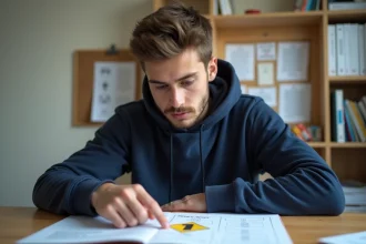 Étudiant préparant le code de la route avec des fiches sur la route à caractère prioritaire