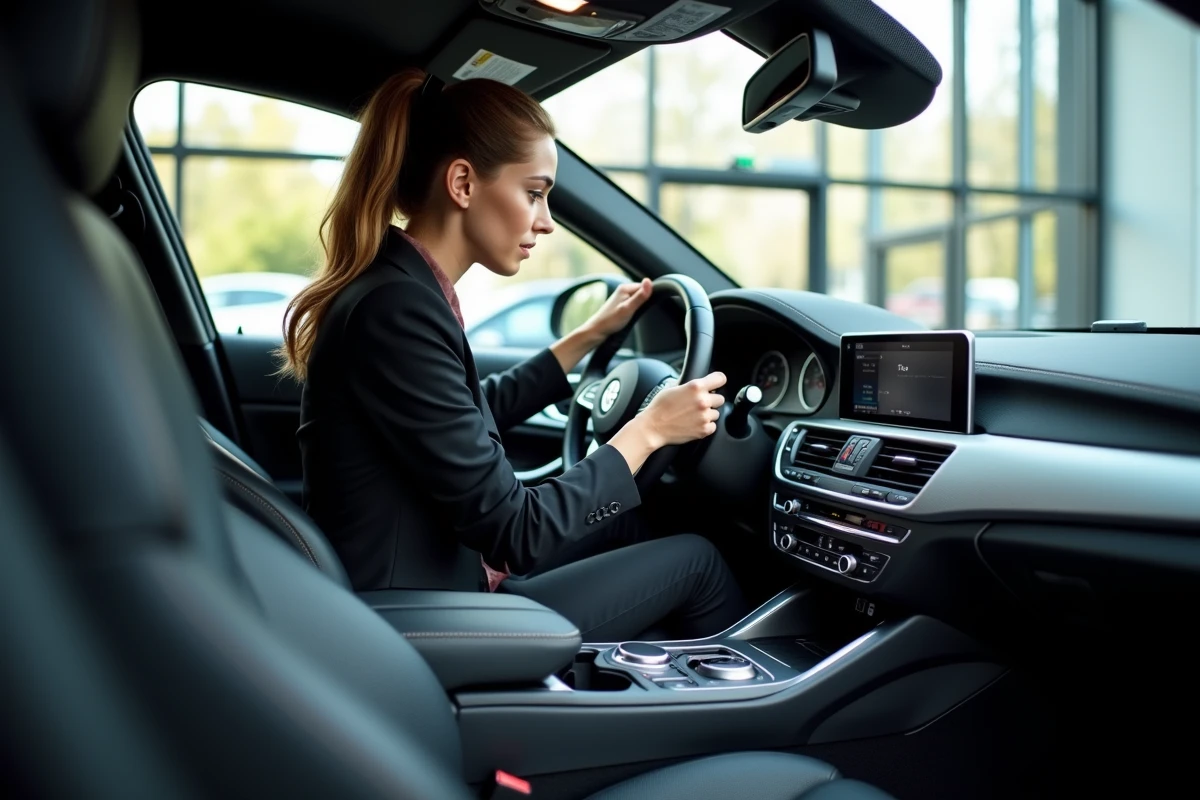 Jeune femme examinant le tableau de bord dans un showroom