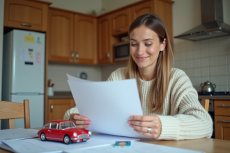Femme souriante vérifiant documents d'assurance à la maison