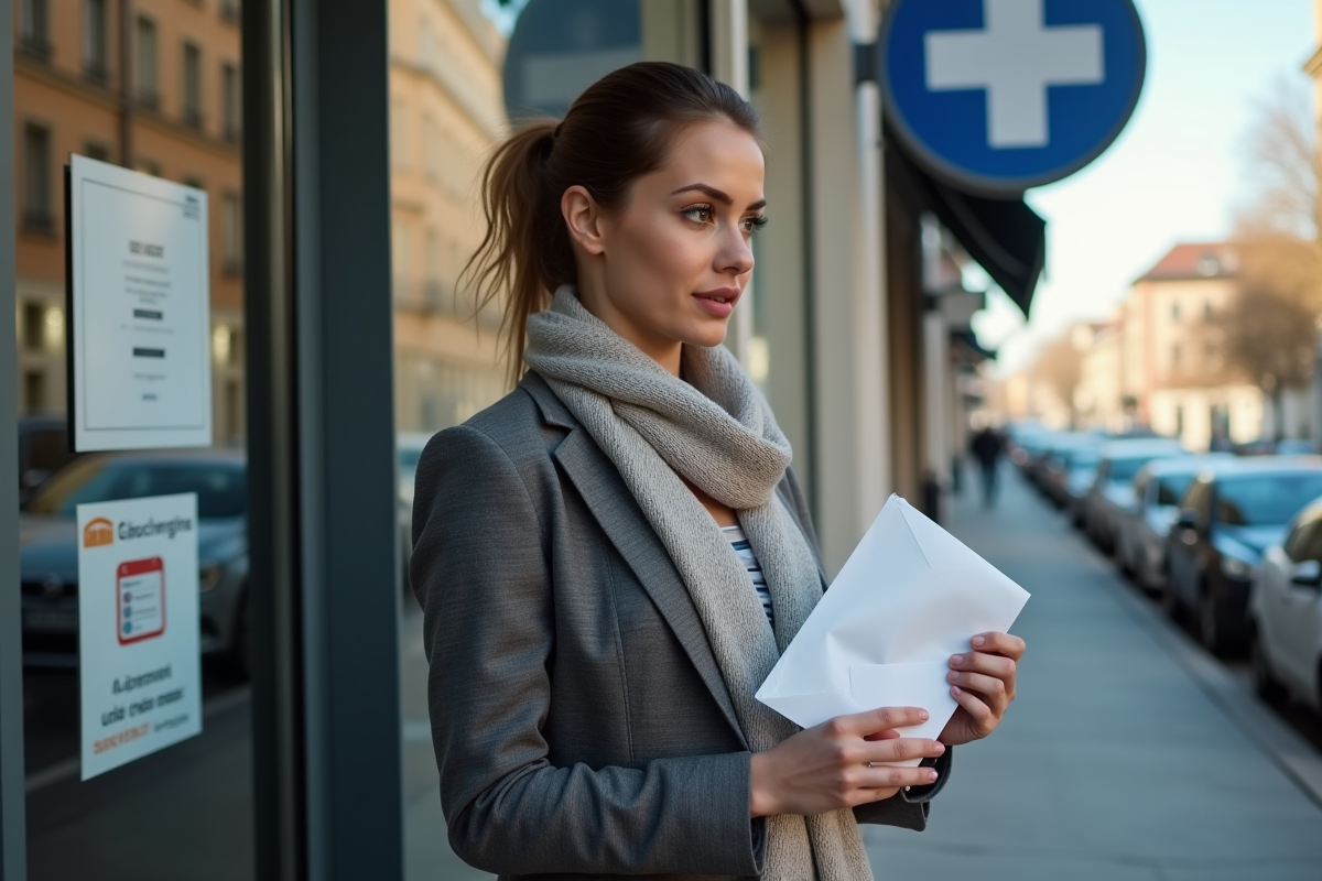 Jeune femme tenant un enveloppe de test devant un laboratoire