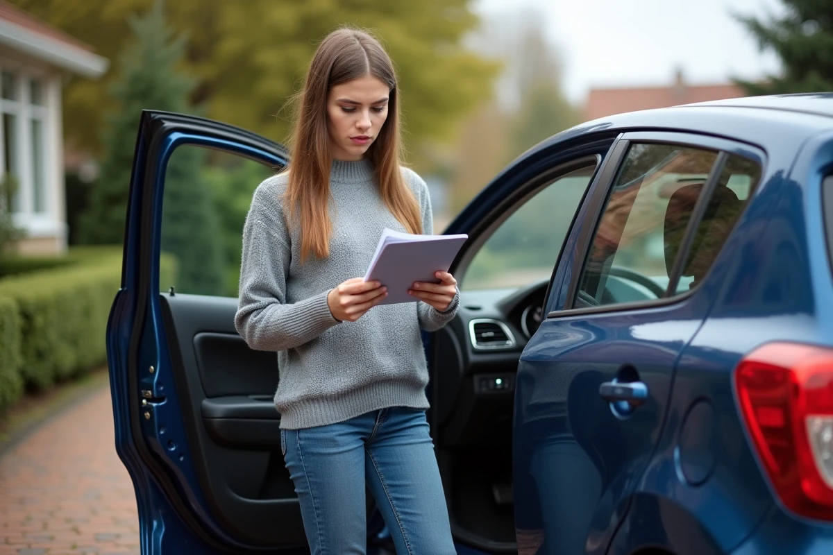 Jeune femme vérifiant la batterie de la voiture dans la rue