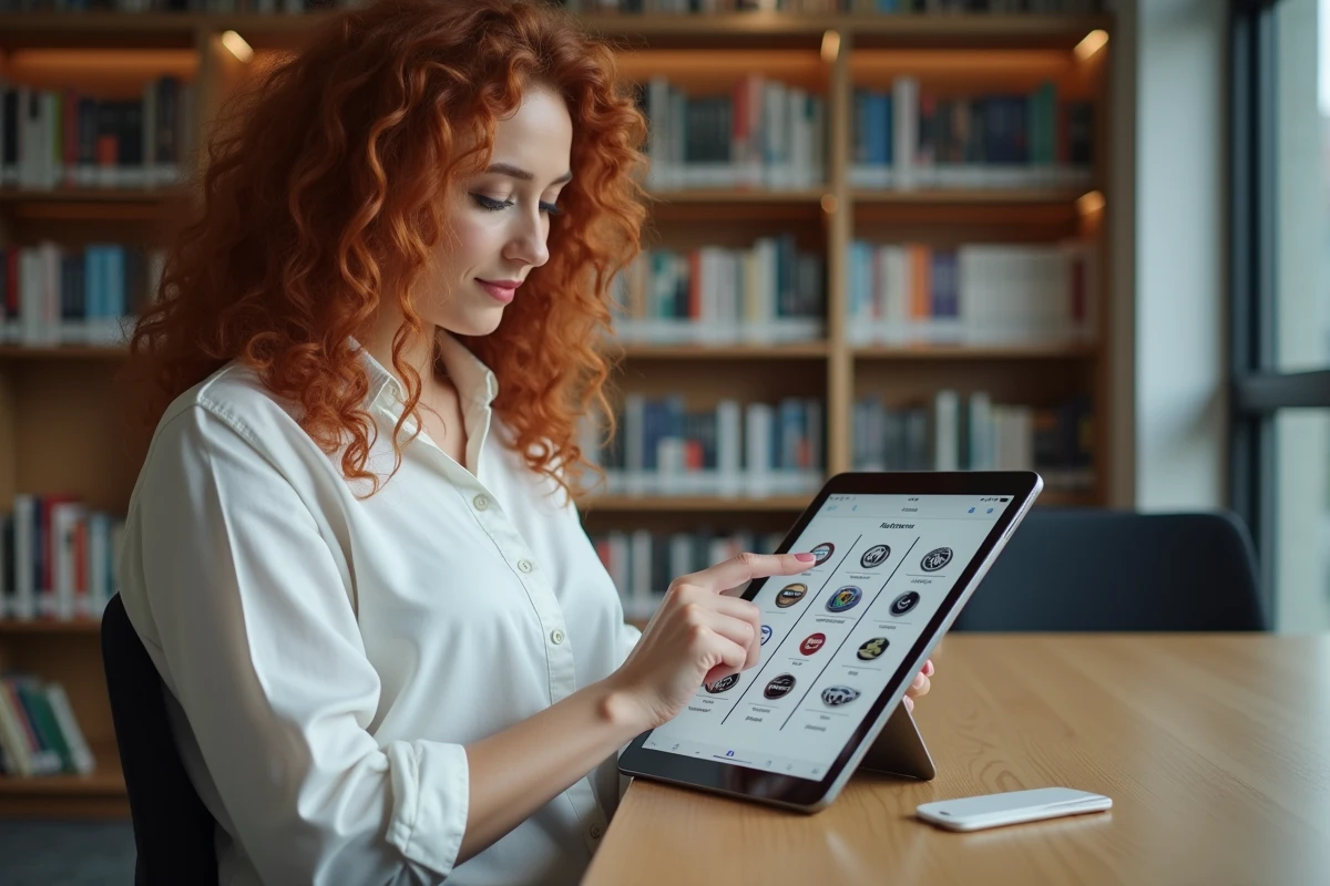 Femme dans une bibliothèque utilisant une tablette pour mémoriser des logos de marques automobiles