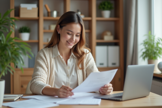 Femme au bureau organisant ses papiers avec sourire naturel