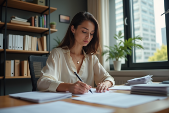 Femme au bureau à domicile en train de remplir des papiers
