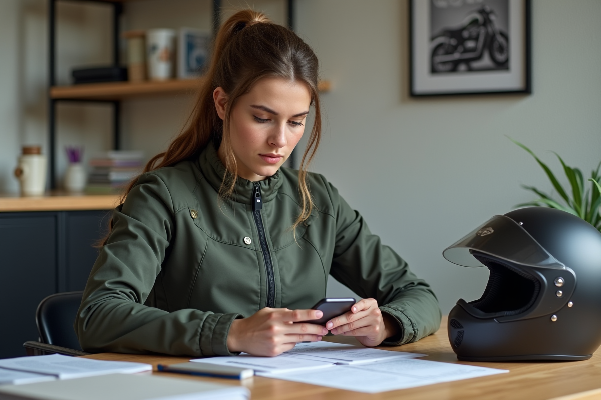 Jeune femme calculant coûts avec moto en intérieur
