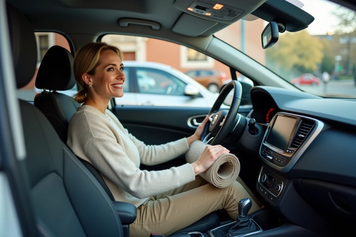 Femme installant un tapis dans un SUV en ville