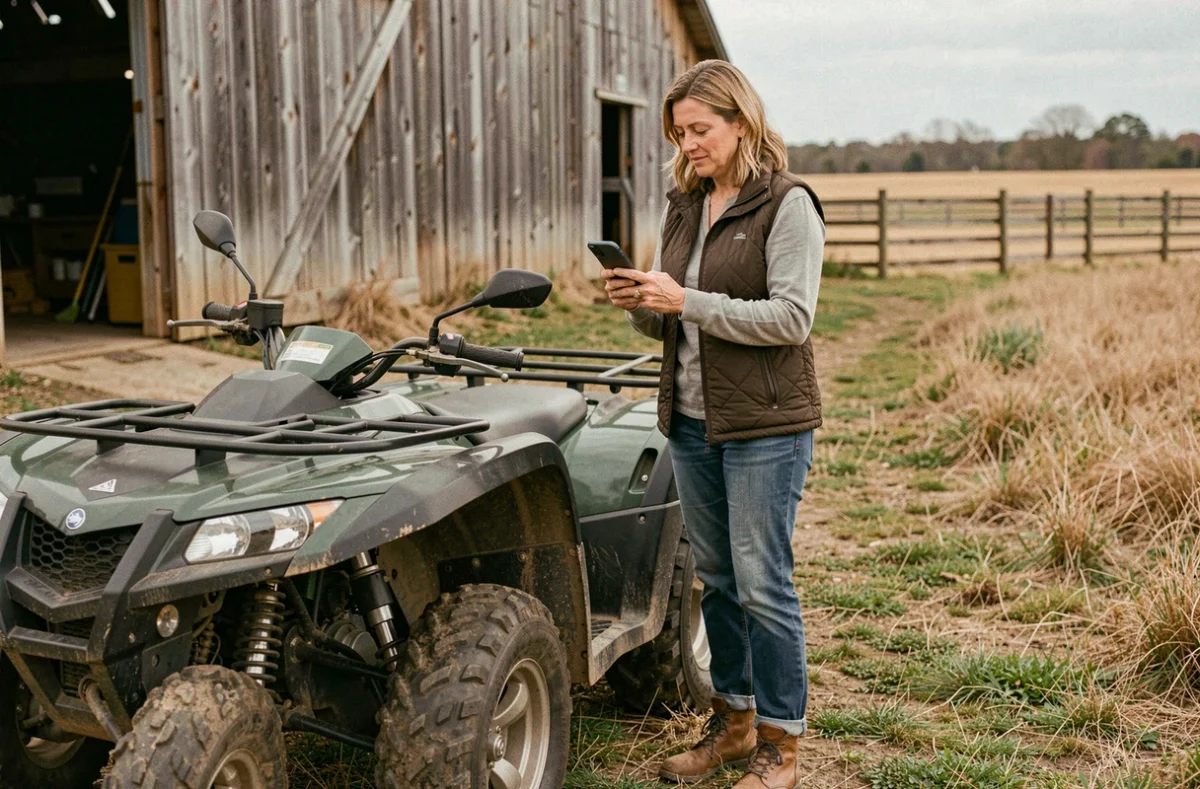 Femme consultant son téléphone pour comparer des assurances quad, debout à côté d'un véhicule tout-terrain dans un environnement agricole
