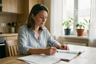 Femme comparant des devis d'assurance auto à la maison