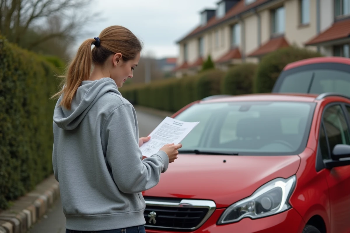 Femme consultant le manuel d'entretien d'une Peugeot 208 essence pour choisir la bonne huile moteur