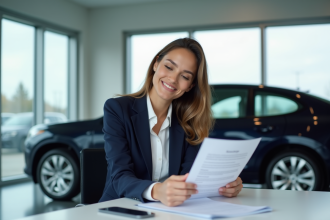 Femme d'affaires examine un contrat de leasing auto dans un bureau