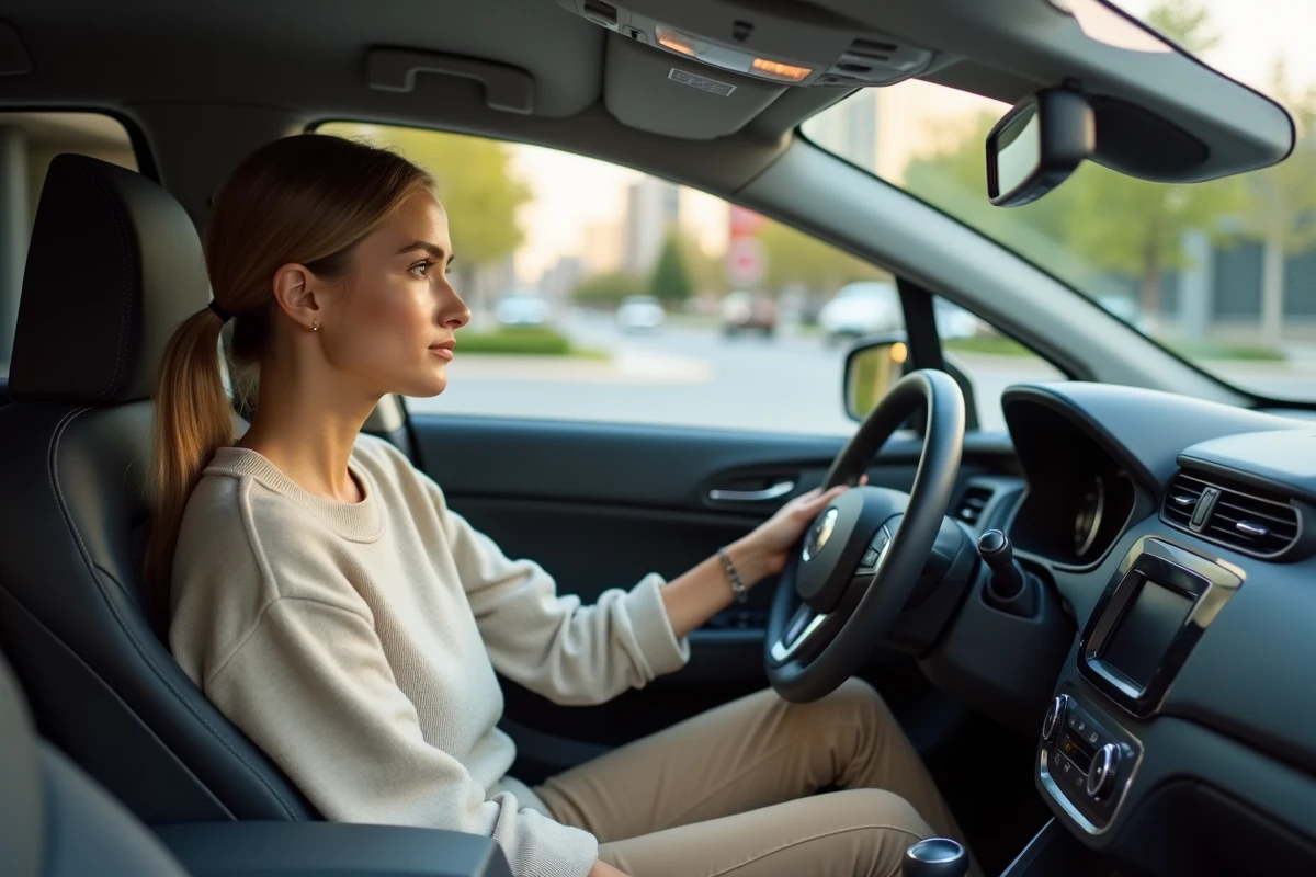 Femme dans la voiture en ville regardant par la fenêtre