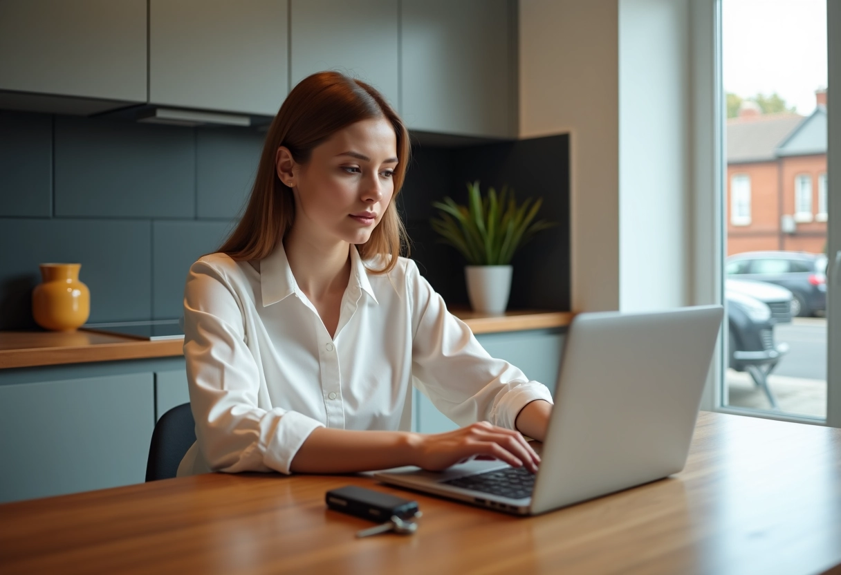 Jeune femme lisant un article sur son ordinateur dans la cuisine
