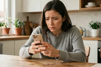 Femme vérifiant son smartphone pour détecter un tracker espion à son domicile