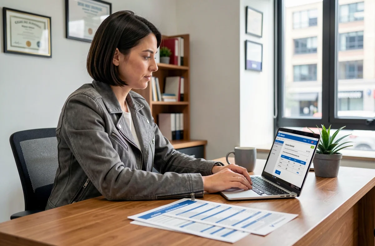 Femme motarde consultant un devis d'assurance moto 1000cc dans un bureau d'assurance moderne