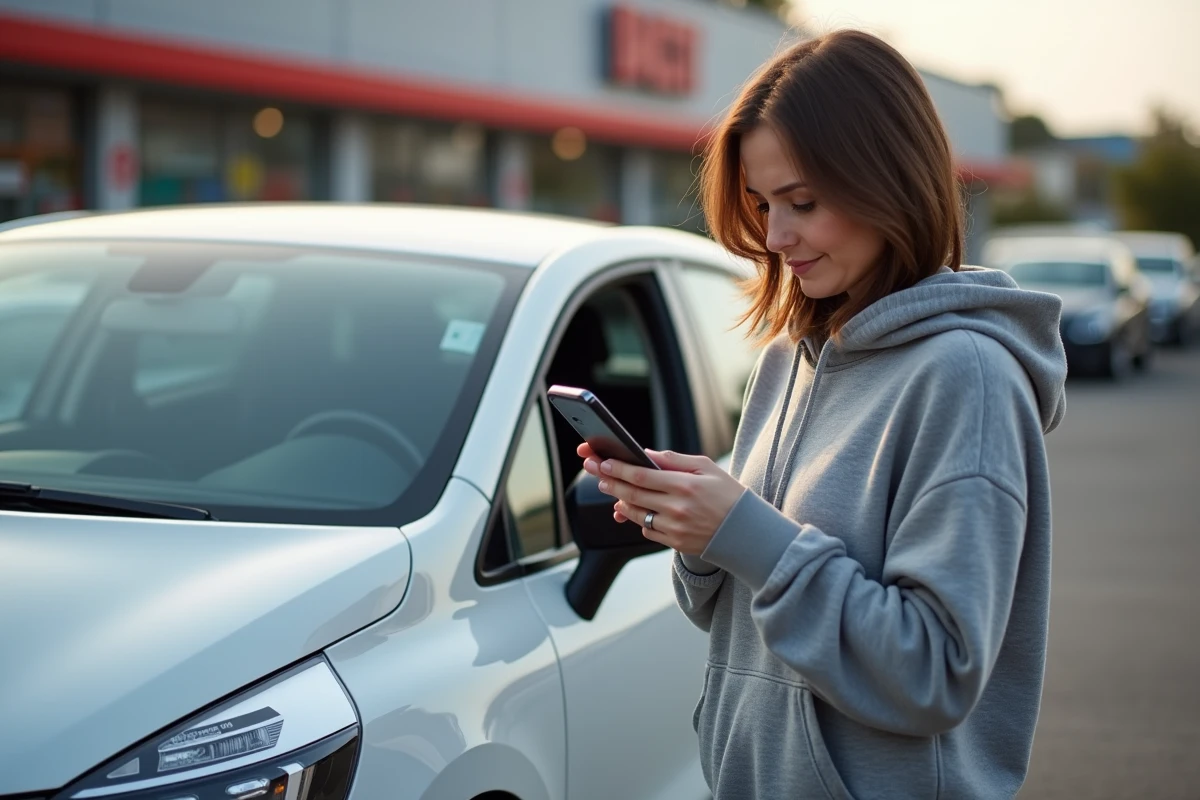 Femme consultant une application de diagnostic automobile sur son téléphone devant sa Renault Clio 5 blanche avec un code défaut injection