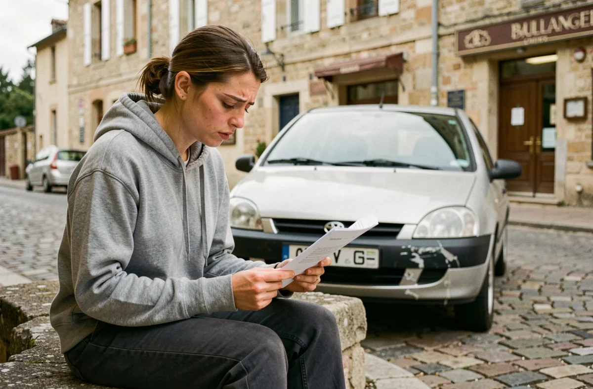 Jeune femme consultant des documents administratifs après un accident de voiture sans permis dans une ville de la Loire