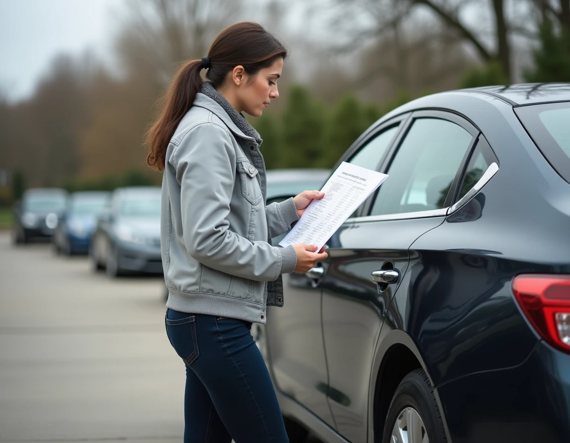 Femme comparant un tableau d'équivalences de pneus devant sa voiture dans un parking