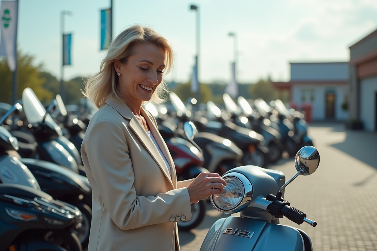 Femme examinant un scooter dans une concession en extérieur