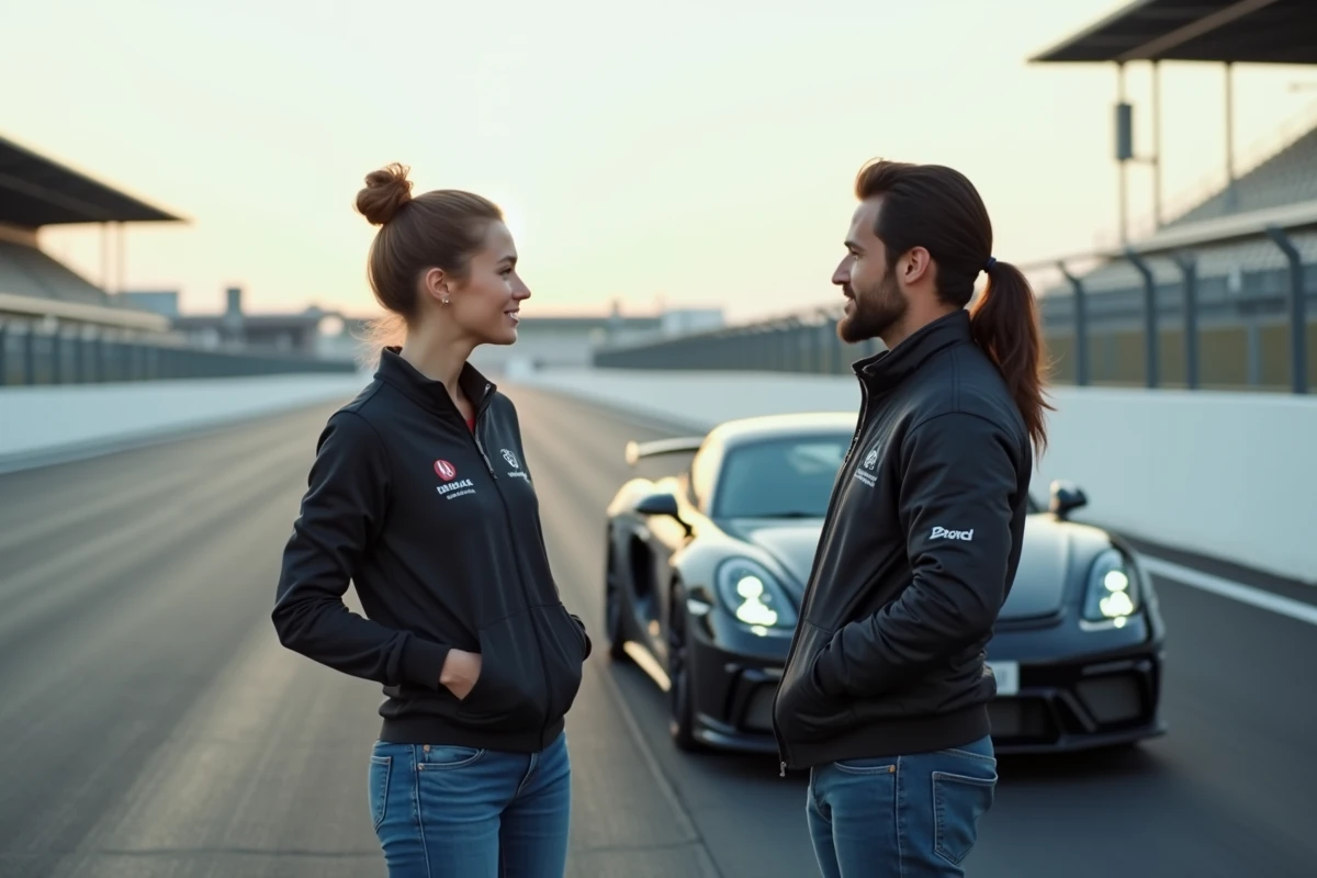 Femme en formation avec une voiture de course sur circuit