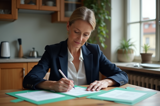 Femme française remplissant des formulaires administratifs